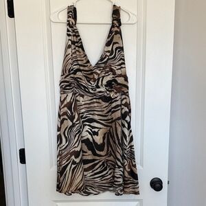 GAELLE Paris Womens Zebra Print Ruched V Neck Halter Dress Size EU 46 / US‎ 8/10